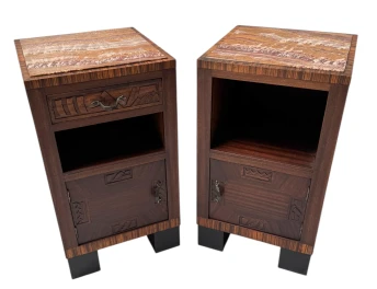 Two Art Deco Nightstands or Bedside Tables with Multi-Colored Marble Tops, 1930s